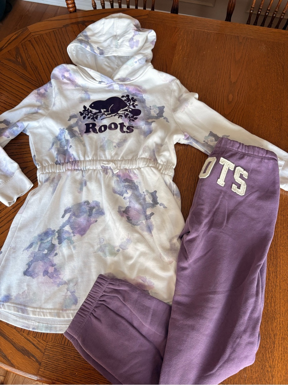 Roots White and Lavender Tie-Dye Hoodie Dress with Lavender Sweatpants